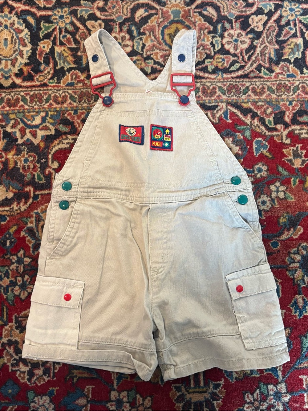 Vintage Gymboree Beige Short Overalls with Colorful Hardware and Patch